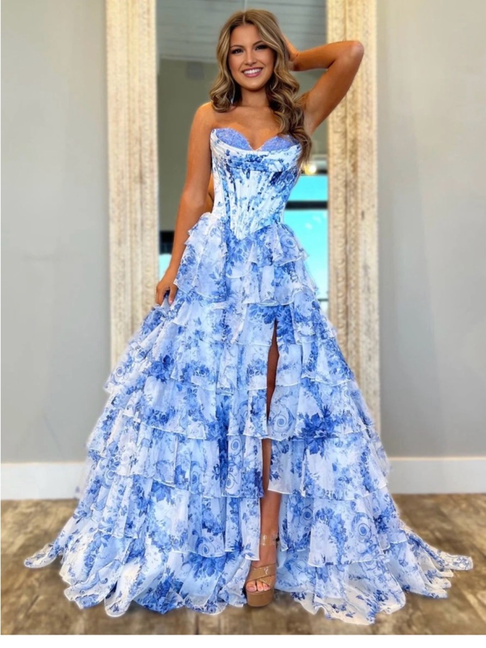 Blue Floral Strapless Ruffled Ball Gown Dress